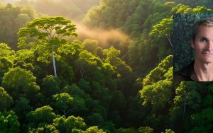 Misty rainforest landscape with image of Rhett Ayers Butler in the corner.